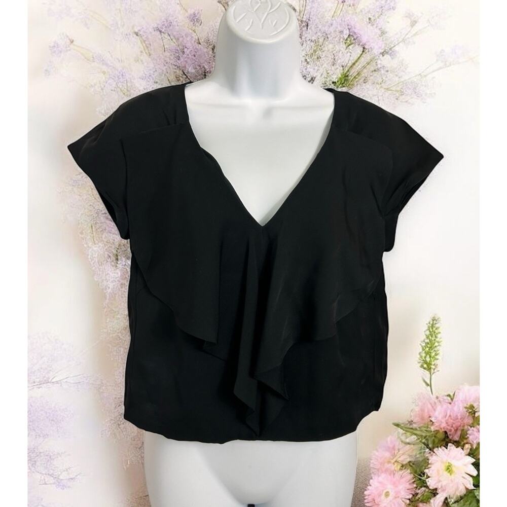 MILLY Black Crop V-Neck Blouse Sz 4 Silk Minimalist Fashion Ruffle Top Classic